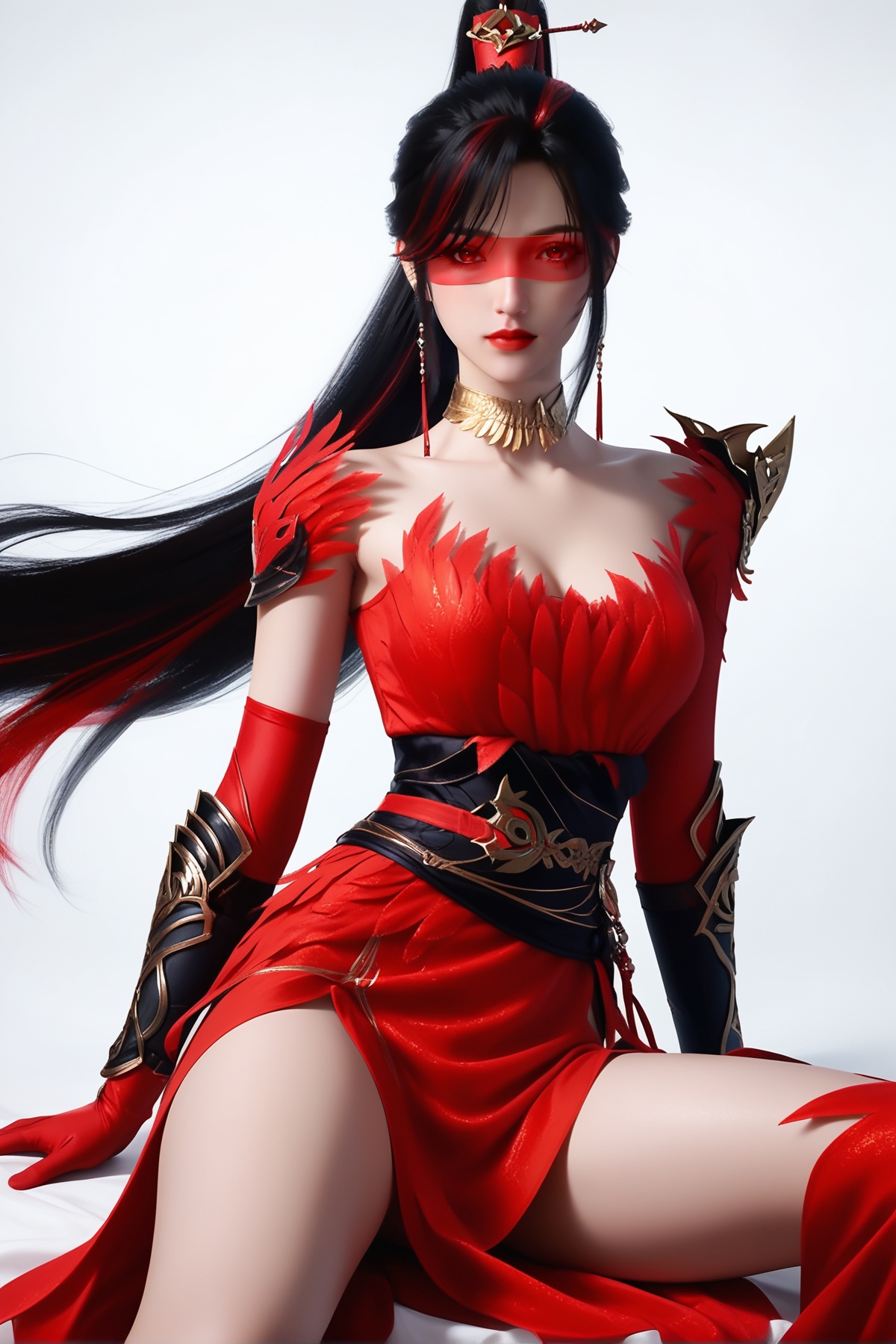 score_9,score_8_up,score_7_up,<lora:wy_zhaoxianger_XL7.0:0.8>,1girl,long hair,breast,medium breast,hair_ornament,dress,black hair,multicolored hair,ponytail,red eye mask,simple background,white_background,thick_thighs,sitting,looking_at_viewer,wetting,dark,red dress,