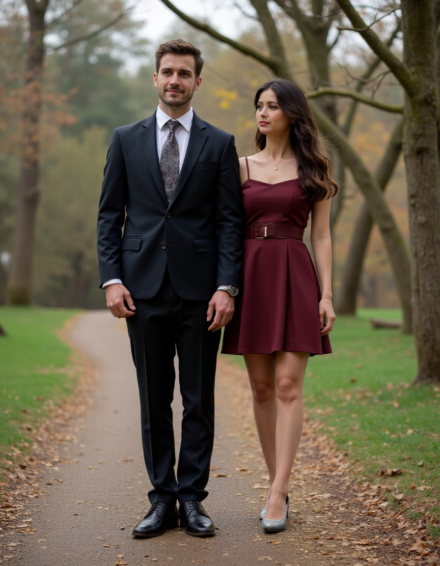 man and woman,suit,dress,full body,looking at viewer,realistic,leather shoes,outdoors,