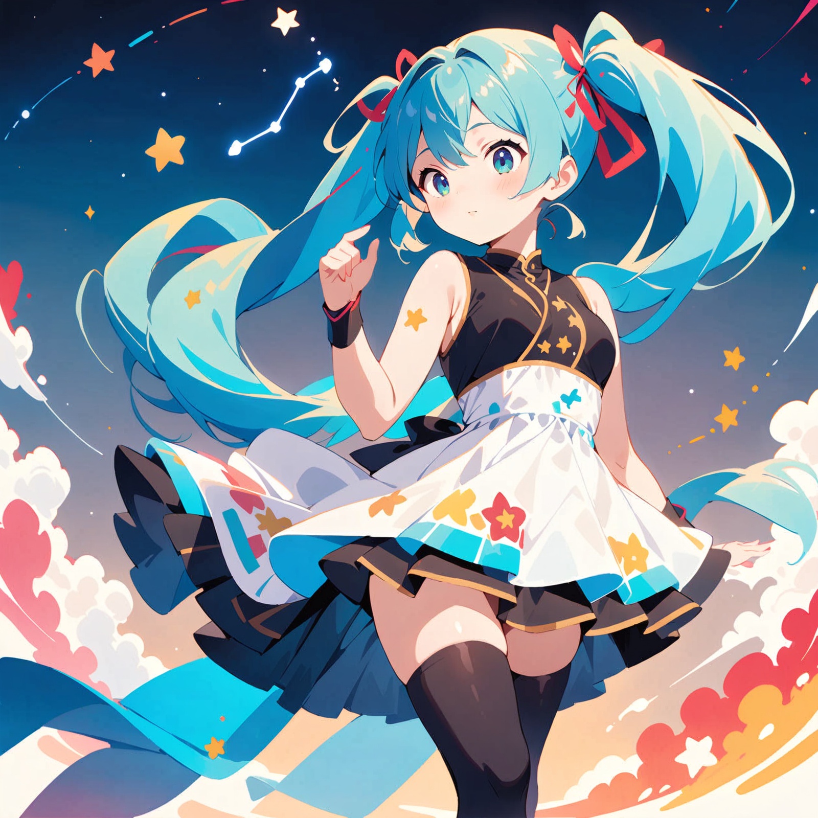 masterpiece,best quality,high quality,(colorful),1girl, long hair, solo, hatsune miku, thighhighs, twintails, very long hair, constellation, skirt, blue hair, star (symbol), black thighhighs, aqua hair, dress, blue eyes