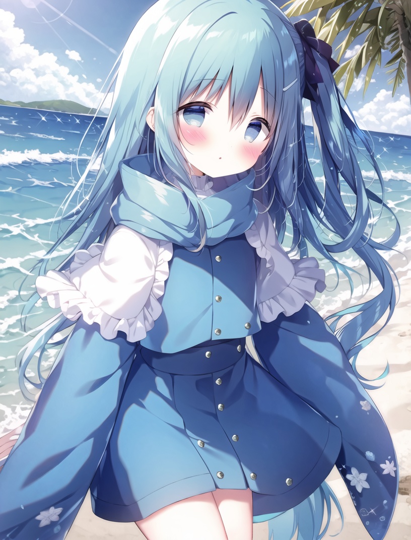 (masterpiece, best quality:1.4),finely detailed,1girl,solo,standing,blue hair,outdoors,beach,