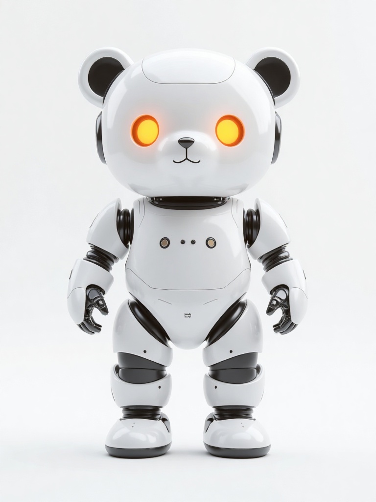 HIRO,A highly detailed CGI rendering of a humanoid robot resembling a cute,white teddy bear with glowing orange eyes. The robot has a smooth,metallic body with black joints and accents,standing against a plain white background. The design is sleek and futuristic,with a small,round nose and black ears.,