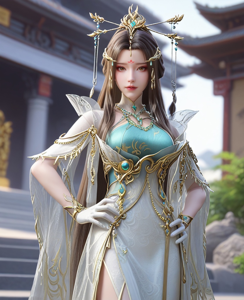 (oriental architecture, elegant decor, sophisticated style:1.1),(from back, hands on hips,:1.1),(split crop:1.1),(large breasts:1.2),<lora:XL16云深不知梦云望舒少宗主服:0.95>,miss yunwangshu,white gown with tulle skirt,shawl,brown eyes,forehead mark,very long hair,traditional chinese updo with long front strands,hair ornament,jewelry,blue bandeau,white gloves,, score_9,score_8_up,score_7_up,score_6_up,score_5_up,score_4_up,3d rendering,tag1,tag2, Cinematic Lighting,backlighting,