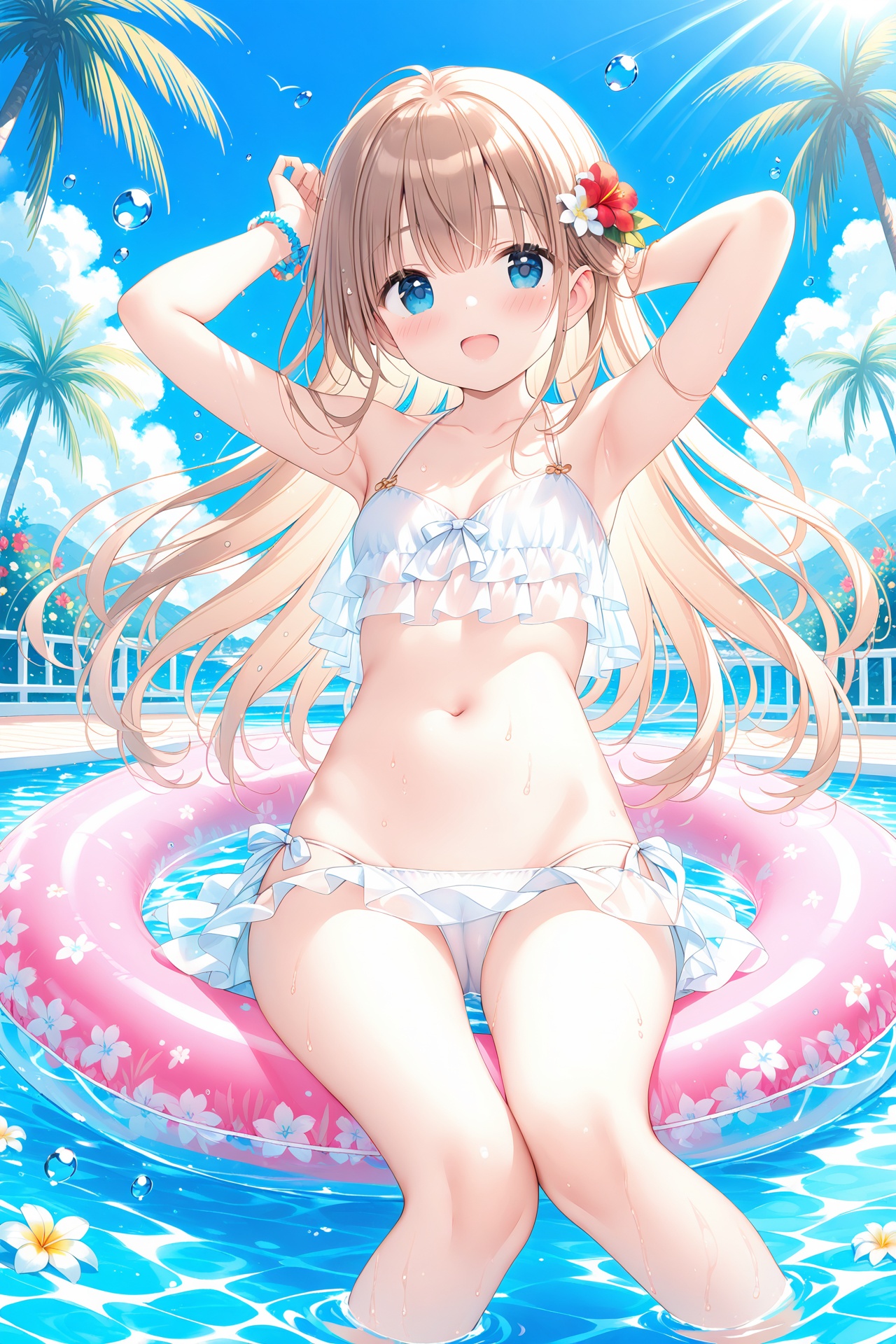 masterpiece,best quality,high quality,(colorful),1girl, solo, swimsuit, flower, bikini, hair ornament, outdoors, swim ring, open mouth, long hair, breasts, navel, hair flower, blue eyes, day, innertube, water, arm up, tree, white bikini, looking at viewer, blush, armpits, sitting, brown hair, pool, smile, sky, bracelet, palm tree, soaking feet, jewelry, :d, cloud, water drop, blue sky, wet, small breasts, cleavage, bare shoulders, collarbone, white flower, red flower, see-through, cameltoe