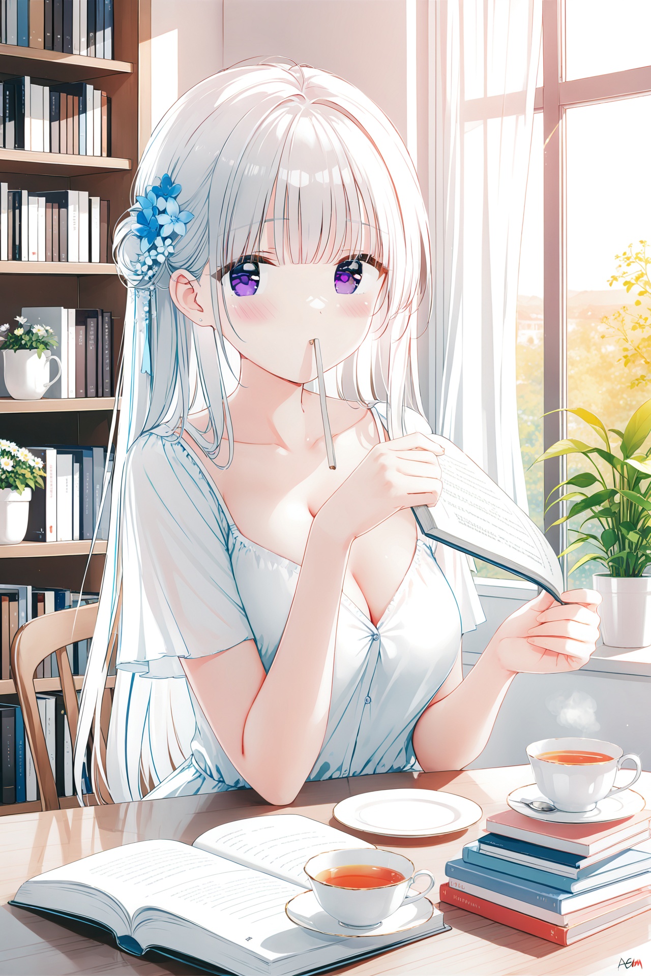 masterpiece,best quality,high quality,(colorful),[Artist chen bin],[Artist omone hokoma agm],Artist hiten (hitenkei),1girl, book, indoors, solo, cup, long hair, teacup, window, sitting, purple eyes, holding, blush, curtains, chair, looking at viewer, breasts, bookshelf, dress, cleavage, white dress, saucer, flower, plant, table, teapot, hair ornament, holding book, potted plant, tea, very long hair, white hair, open book, medium breasts, book stack, white shirt, hair flower, sunlight, collarbone, sidelocks, shirt, covering own mouth, day