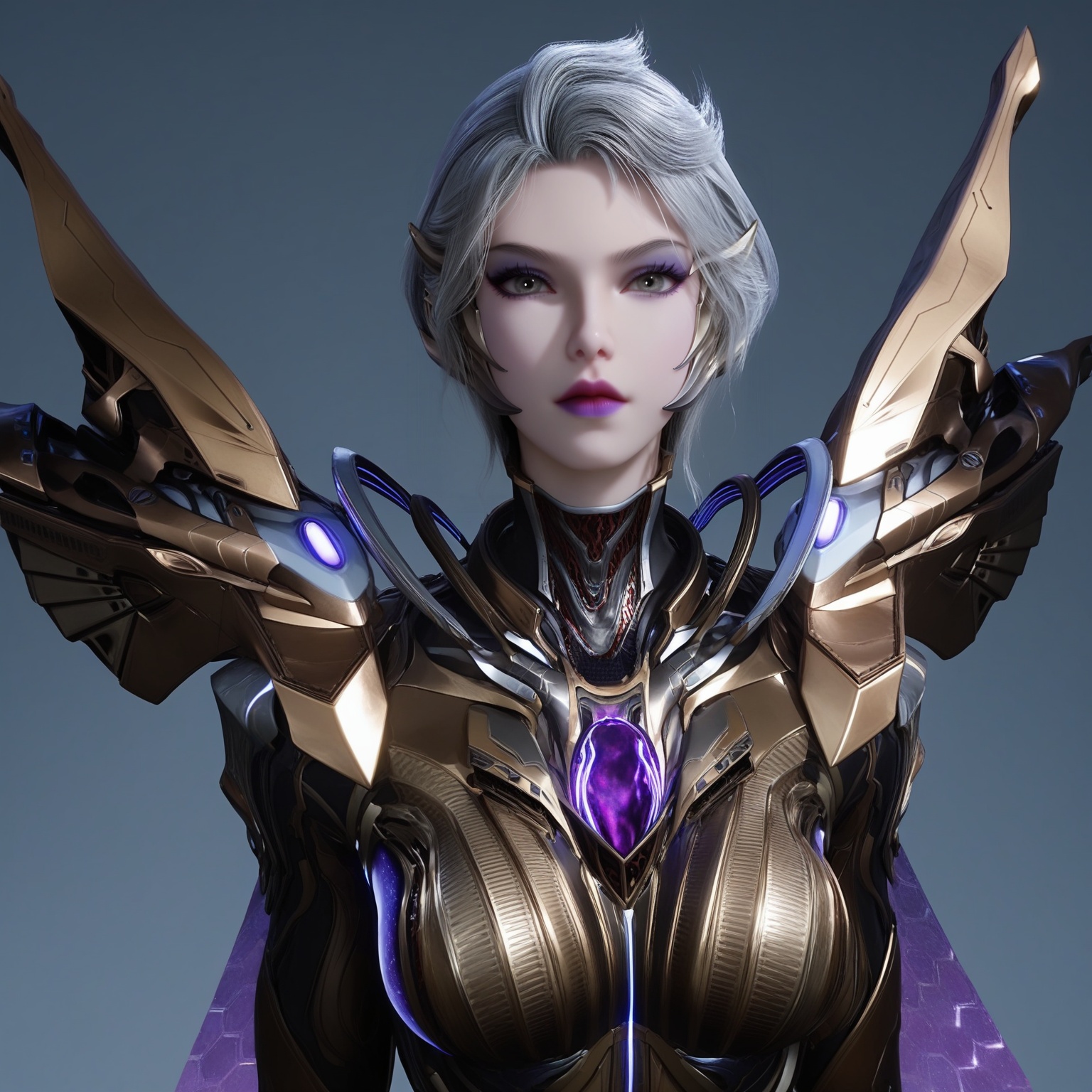(score_9),cowboy shot,<lora:九皇女-apony-000008:0.82>,jhn,1girl,solo,short hair,grey hair,purple lips,eyeshadow,makeup,sci-fi suit,mechanical wings,bodysuit,<lora:perfect eyes_v1:0.8>,light blush,Expressiveh,<lora:Expressive_H-000001:0.8>,collarbone,(glamor:1.2),curvy,BREAKlooking at viewer,front view,<lora:e肤色滑块:0.5>,fair_skin,(pale_skin),(white skin),<lora:e色温:0.35>,light skin,BREAKsimple background,grey background,ultra-detailed skin texture,detailed textures,4K ultra HD,sharp focus,high detail,natural lighting,high contrast,hearts,Volumetric Lighting,Tyndall effect,
