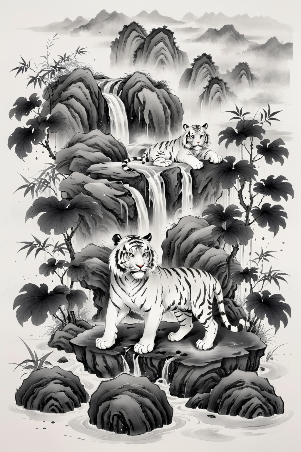 Best quality,8k,cg,falls,Rain,raindrops,Chinese ancientpaintings,traditional chinese ink painting,black and white ink painting,tiger,chinese meticulous ink,illustration,white background,centered,completed,<lora:工笔水墨:0.8>,