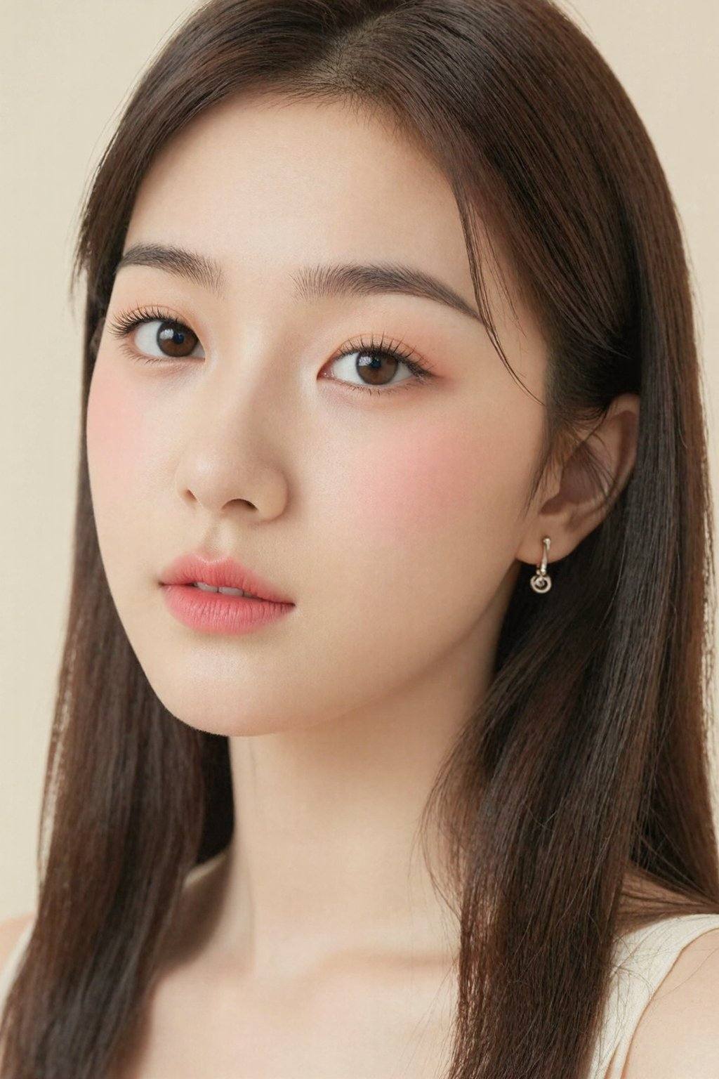 The image is a high-resolution photograph of an Asian woman taken close-up,  focusing on her face. The subject has smooth,...