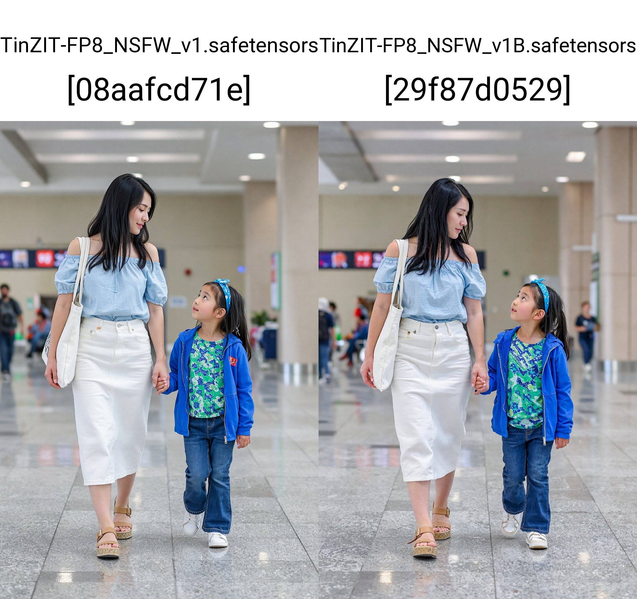 A woman with long,  straight black hair and a young girl walk hand-in-hand through a bright,  spacious indoor terminal. Th...
