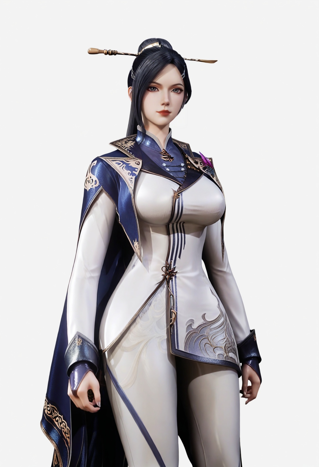 score_9,<lora:SF_ZhouYi_Pony_Realism2.3-000004:0.7>,1girl,solo,hair ornament,long hair,dress,hair bun,breasts,large breasts,dress,black hair,cape,pants,looking at viewer,white background,simple background,