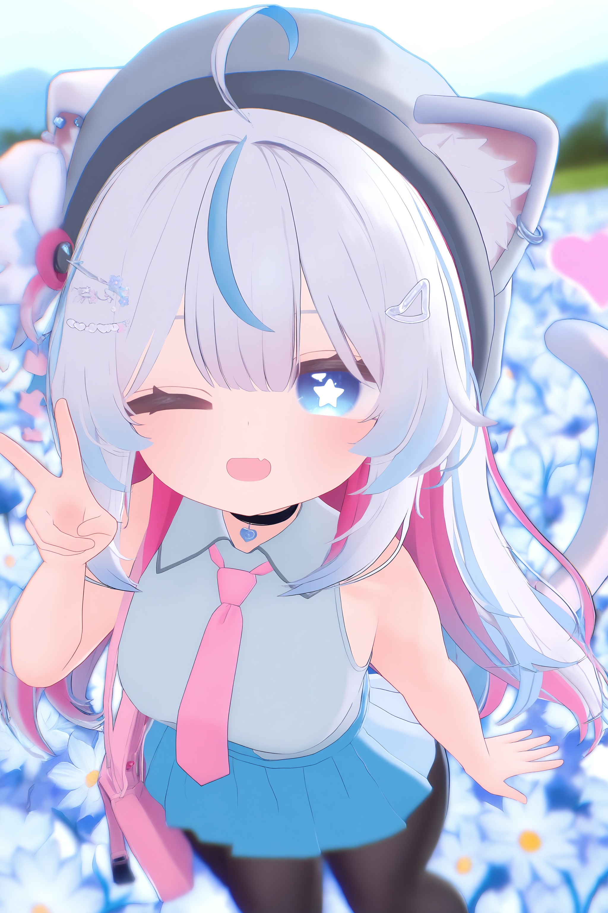 <lora:vrc_style_v3-000080>,vrc_vibe,high resolution,aesthetic,excellent,medium resolution,newest,1girl,one eye closed,animal ears,necktie,blue eyes,multicolored hair,pantyhose,pink necktie,blue hair,cat ears,solo,v,skirt,white hair,flower field,looking at viewer,long hair,field,;d,flower,smile,blue skirt,shirt,pink hair,blue flower,tail,hat,choker,animal ear fluff,streaked hair,animal ear piercing,black pantyhose,cat girl,open mouth,ahoge,blush,blurry,beret,two-tone hair,grey headwear,sleeveless,bright pupils,cat tail,symbol-shaped pupils,heart choker,jewelry,grey shirt,collared shirt,pleated skirt,earrings,high-waist skirt,colored inner hair,hair ornament,star \(symbol\),star-shaped pupils,white pupils,skin fang,fang,ear piercing,breasts,depth of field,handbag,bag,sleeveless shirt,