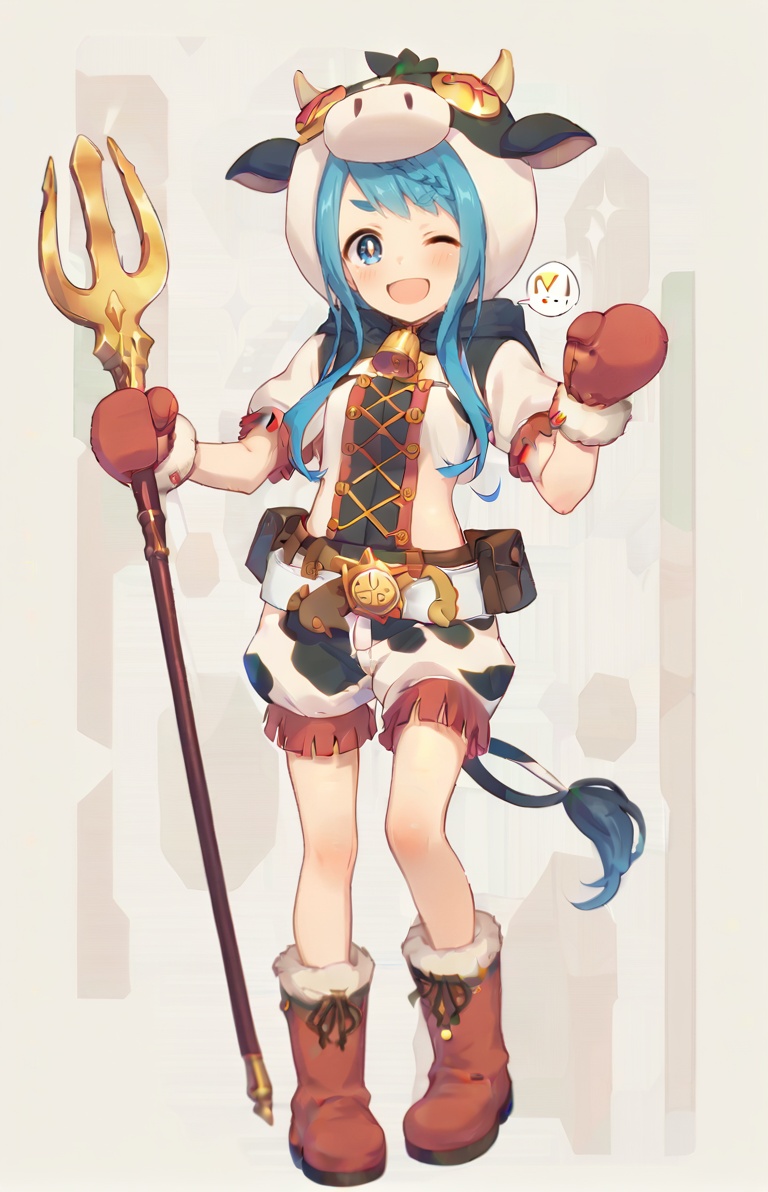 score_9,score_8_up,score_7_up,score_6_up,score_5_up,score_4_up BREAK source_anime,1girl,solo,long hair,looking at viewer,blush,smile,open mouth,blue eyes,gloves,holding,animal ears,blue hair,full body,weapon,short sleeves,boots,one eye closed,horns,shorts,belt,hood,bell,;d,animal print,polearm,animal hood,cow print,mittens,trident,puffy shorts,<lora:野户真阳pony:1>,
