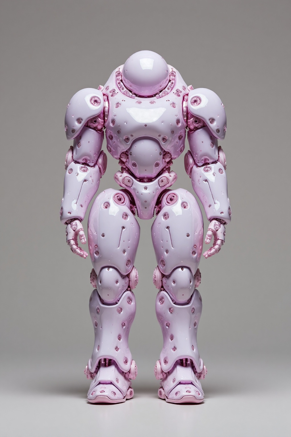 beijihui,Captured from a low-angle perspective on a gray surface,a pink robot-like figure stands on its hind legs. The figure's body is adorned with pink dots,adding a pop of color to the otherwise monochromatic scene. The robot's legs are adorned with a pink bow,adding depth to the composition. The background is a solid gray,creating a stark contrast to the figure's figure.,