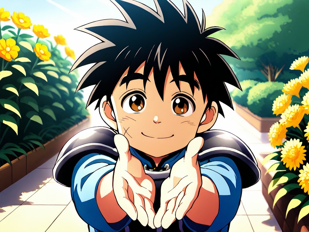 (<lora:DQ_Dai_XL:1>:1.2),Dai,blue clothing,best quality,best detail,masterpiece,male focus,outdoors,flowers,plain,morning,tsuyuka \(sunny spot\),1boy,(toddler:1.1),male_child,black hair,thick eyebrows,brown eyes,right cheek x scratch,armor,smile,beckoning,perfect hands,(5fingers:1.3),correct anatomy,huge filesize,available light,