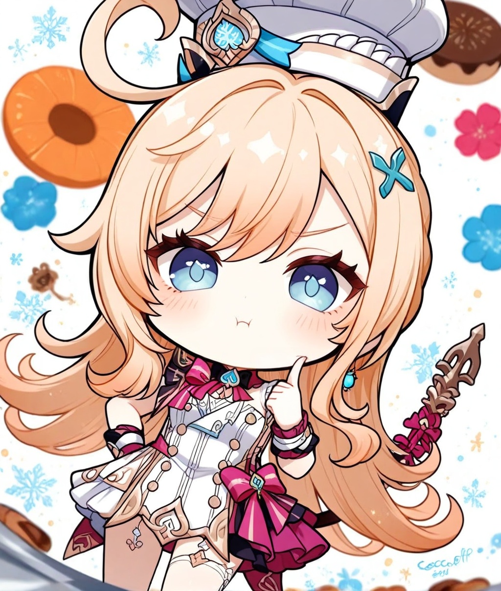 escoffier \(genshin impact\),O,ultra detailed anime texture,1girl,blue eyes,blonde hair,chibi,long hair,hair ornament,solo,hat,white background,bangs,looking at viewer,simple background,pout,tail,white dress,dress,chef hat,hair flower,flower,ahoge,escoffier \(genshin impact\),Depth of field,extreme aesthetics,masterpiece,best quality,ultra high definition,32K resolution,sharp focus,exquisite details,high-end texture,fashion photography,film perspective,rich colors,color palette,advertising style,tension composition,emotional masterpiece,mild atmosphere,latest,dynamic Dutch angle,perspective composition,magazine cover,cover,