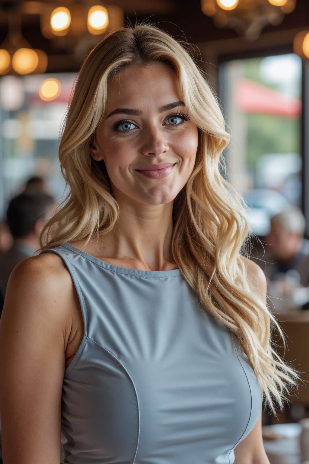 This is a  beautiful photograph of a woman, blue eyes, blonde hair cascading over her shoulders. She is wearing a boatneck dress, Standing in a cafe. Looking at the viewer. Smile.