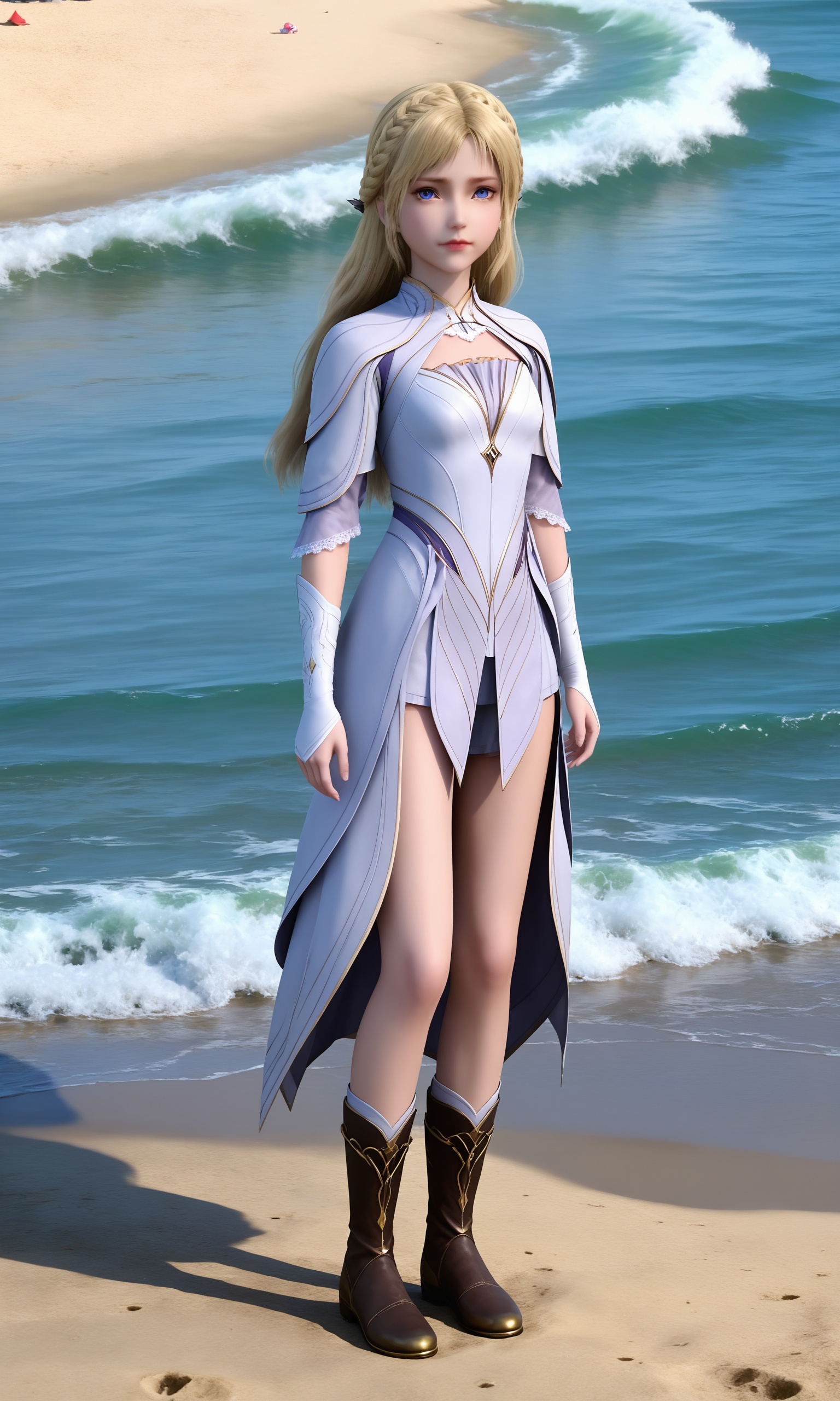 <lora:斗罗大陆-少女千仞雪pony:0.7>,1girl,child,long,blonde hair,loose braid,blue eyes,form-fitting,white and silver armor,high collar,sleek,silver accents,high neckline,long sleeves,long,flowing skirt,bare legs,knee-high,brown boots with gold trim,, standing,Seaside,beach,waves,full body,