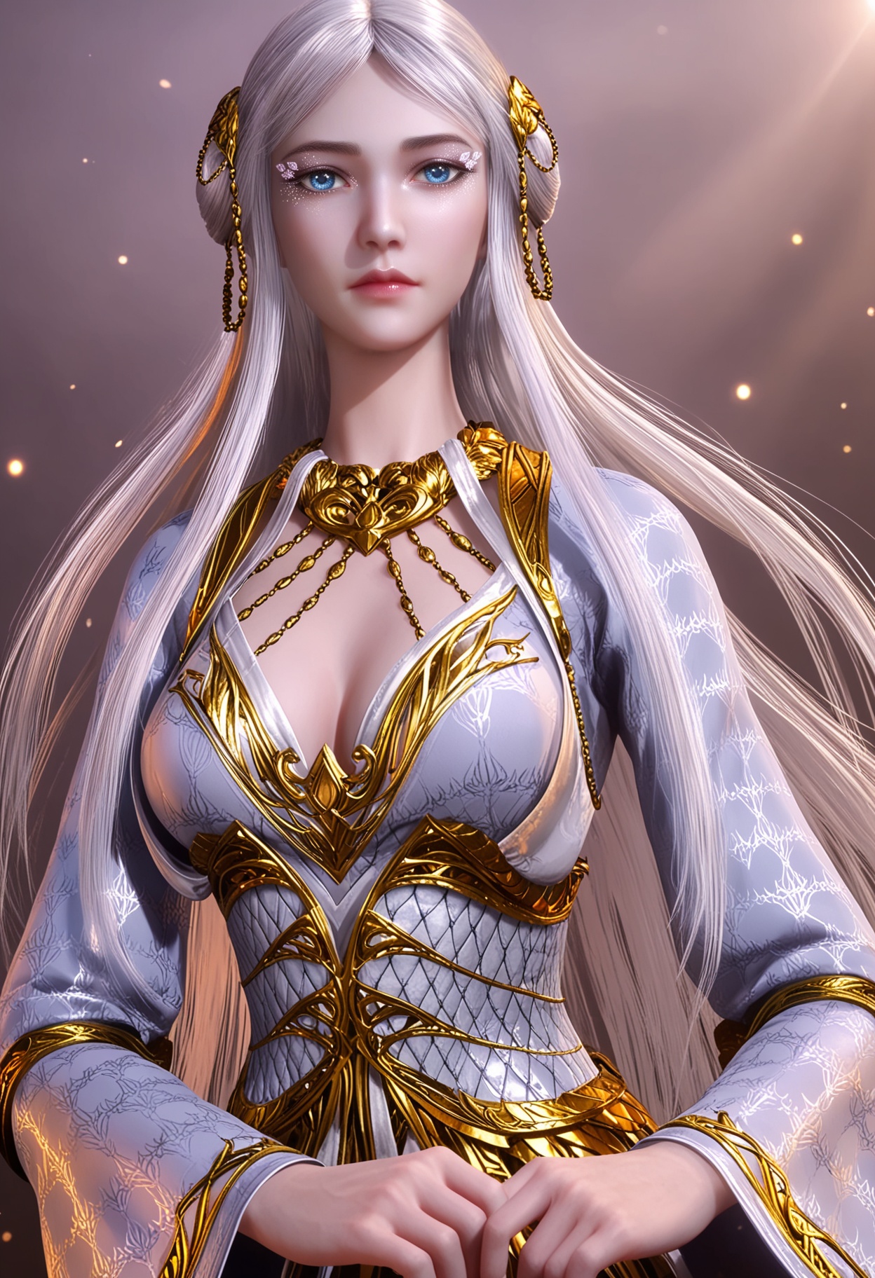 sscore_9,high detail,best quality,cinematic lighting,volumetric lighting,shiny skin,shiny,nsfw,1girl,solo,long hair,breasts,dress,white hair,cleavage,hair ornament,blue eyes,eyelashes,white dress,hair bun,realistic,makeup,jewelry,upper body,gold trim,medium breasts,long sleeves,necklace,wide sleeves,looking_at_viewer,<lora:QQSponybailongV1:0.8>,<lora:Pony_DetailV2.0:0.8>,<lora:皮肤凹痕:0.1>,