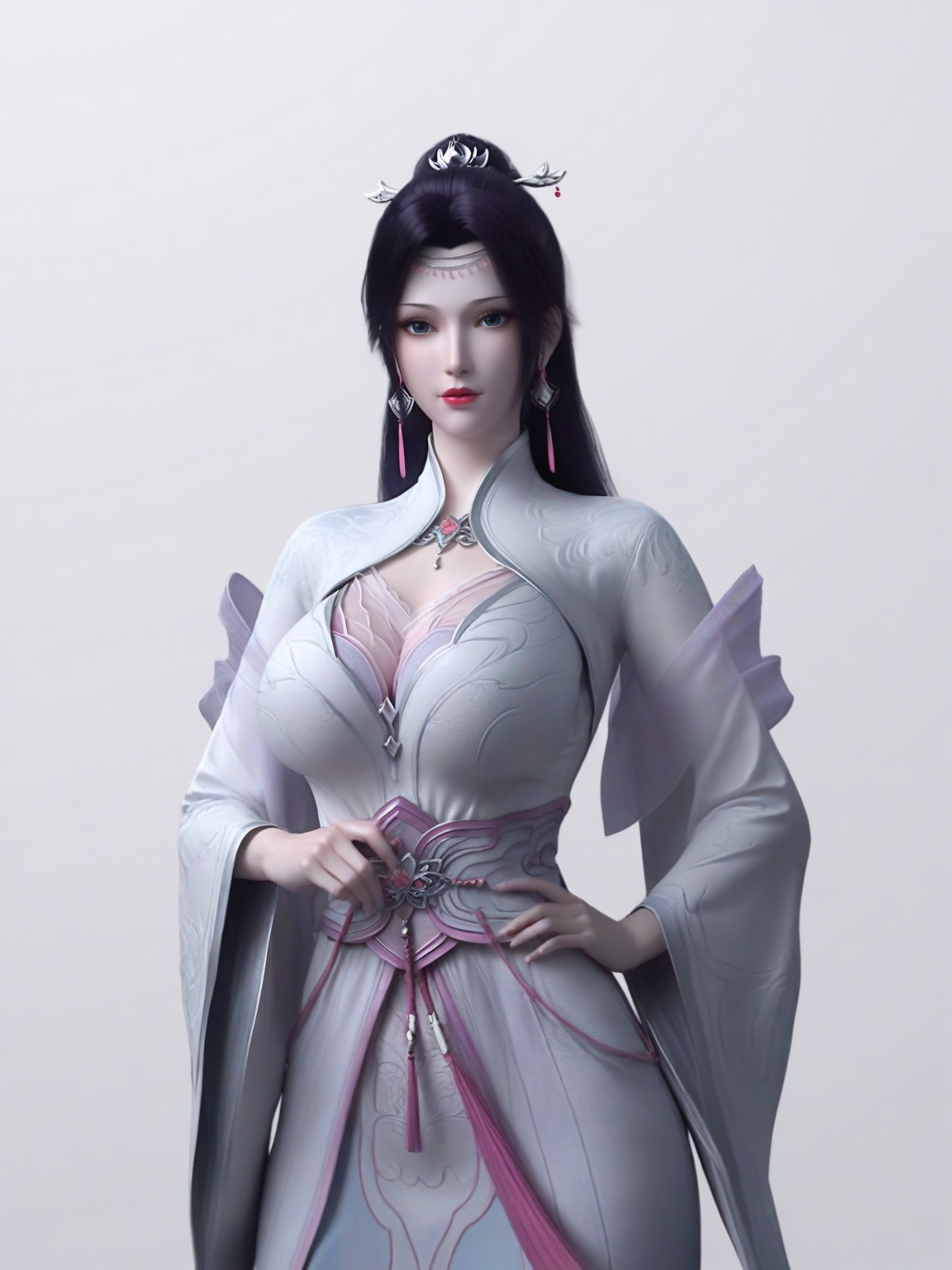 score_9,1girl,solo,dress,long hair,earrings,hair ornament,eyelashes,large breasts,standing,wide sleeves,lipstick,looking at viewer,white background,simple background,cowboy_shot,<lora:SF_YunYun_HuaZong_Pony_Realism2.3-000003:0.7>,