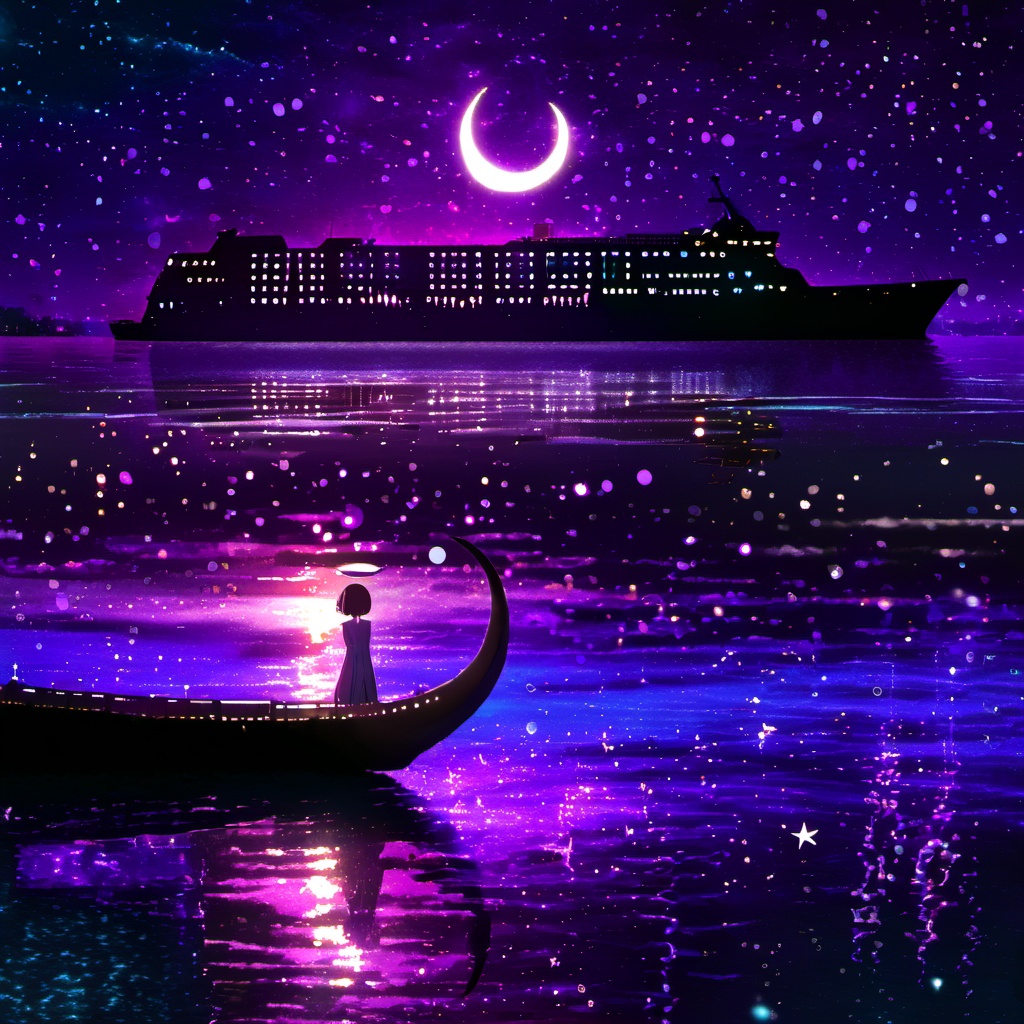 <lora:star_xl_v2:1>,a person standing on a beach next to a large ship at night with a full moon in the sky, 1girl, solo, short hair, dress, standing, outdoors, sky, cloud, water, night, halo, moon, star \(sky\), night sky, scenery, starry sky, crescent moon, building, reflection, city, fantasy, city lights, The image portrays a serene nighttime scene by a body of water. The sky is painted with hues of purple, blue, and a crescent moon. The water reflects the colors of the sky and the lights from the ship. On the left, a silhouette of a girl stands by the water's edge, gazing at the ship. She wears a dress and has a glowing headpiece. The ship, illuminated with lights, appears to be a large vessel with multiple decks. The entire scene is bathed in a magical ambiance, with sparkles and particles floating in the air, adding to the dreamy atmosphere., body of water, ship, girl, headpiece, decks, magical ambiance, sparkles, particles