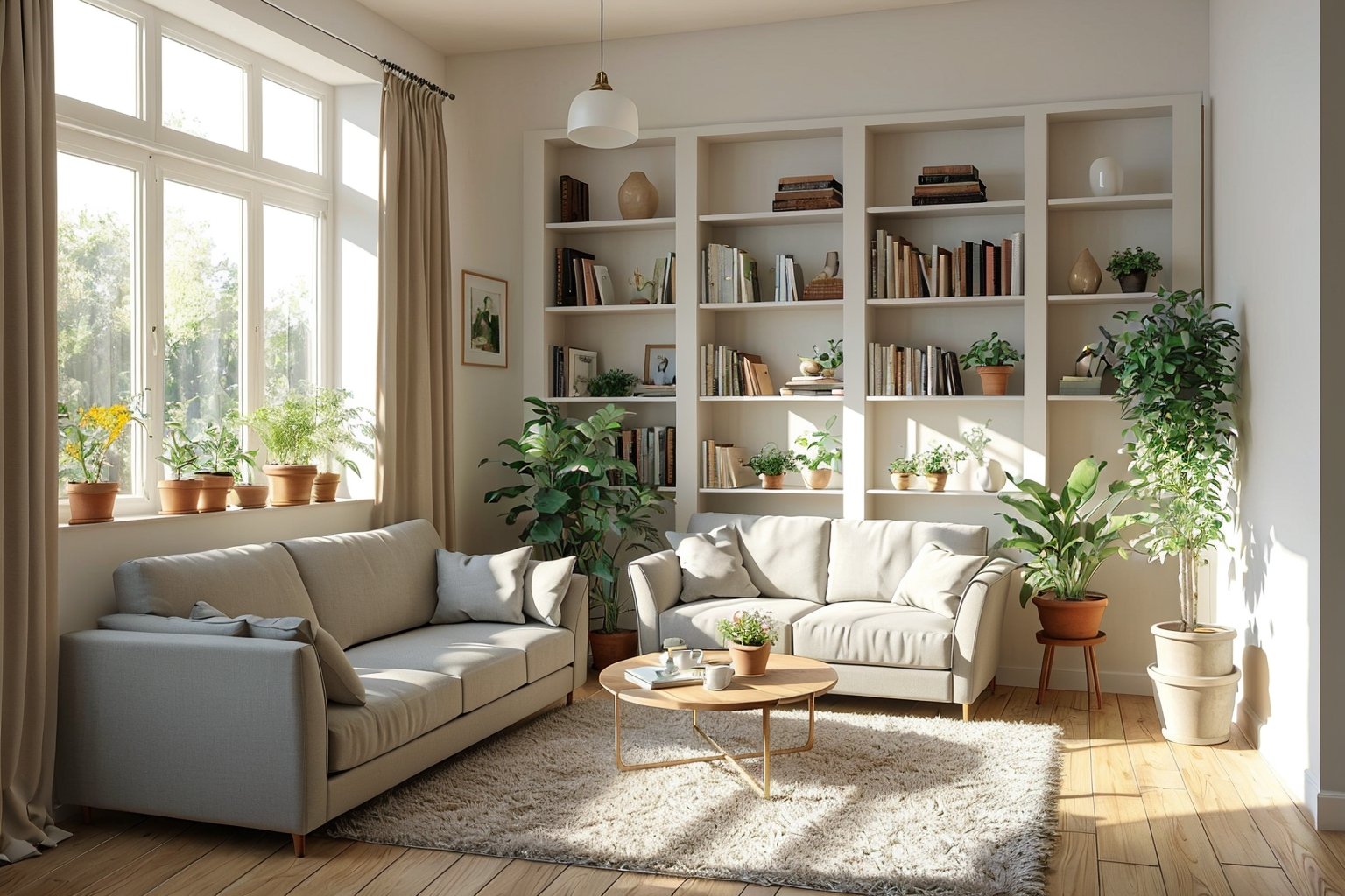 Interior, sofa, plants, scenery, no humans, bookshelves, couches, potted plants, scenery, Windows, flower POTS, sunlight, 