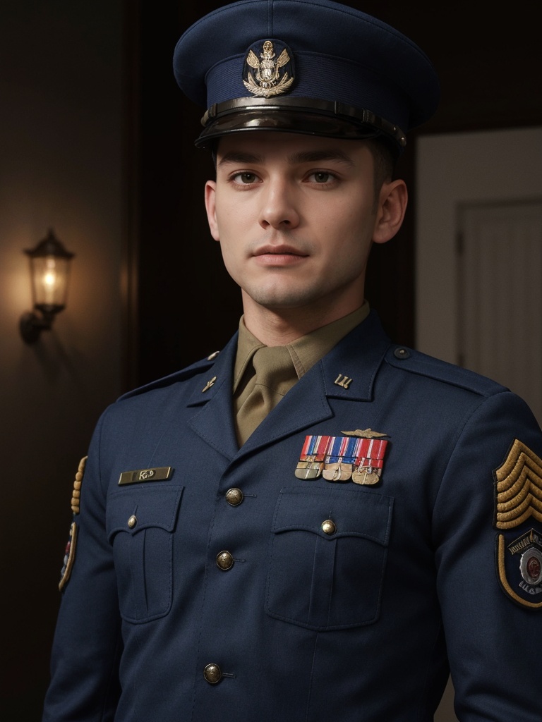 A soldier stands tall,  wearing a military cap adorned with badges and insignias,  representing his dedication and service...