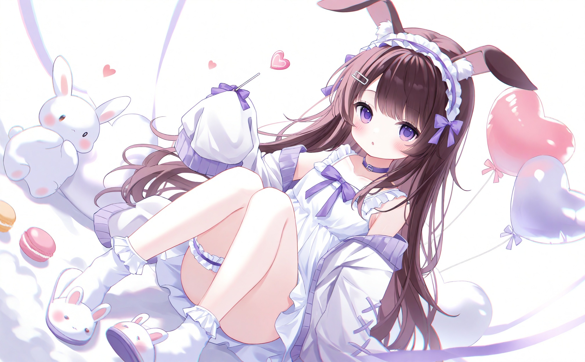 masterpiece,very aware,highres,absurdres,newest,best quality,loli,petite,high quality,chromatic_aberration,cinematic_angle,dutch angle,//,1girl,balloon,animal ears,food,heart balloon,purple eyes,long hair,dress,doughnut,solo,bridal garter,white dress,macaron,slippers,rabbit ears,hair ornament,candy,full body,white socks,looking at viewer,socks,frilled socks,sleeves past fingers,lollipop,brown hair,hairclip,cupcake,sleeves past wrists,jacket,white footwear,sitting,animal slippers,choker,frills,knees together feet apart,blush,off shoulder,animal ear fluff,heart,purple bow,open clothes,bow,:o,white background,cardigan,rabbit girl,sleeveless dress,convenient leg,long sleeves,cloud,purple ribbon,open jacket,hair bow,parted lips,ribbon,frilled dress,white jacket,very long hair,sleeveless,hairband,collarbone,purple choker,rabbit,bare shoulders,lolita hairband,bobby socks,simple background,virtual youtuber,pastel,<lora:lp40-000030:0.8>,