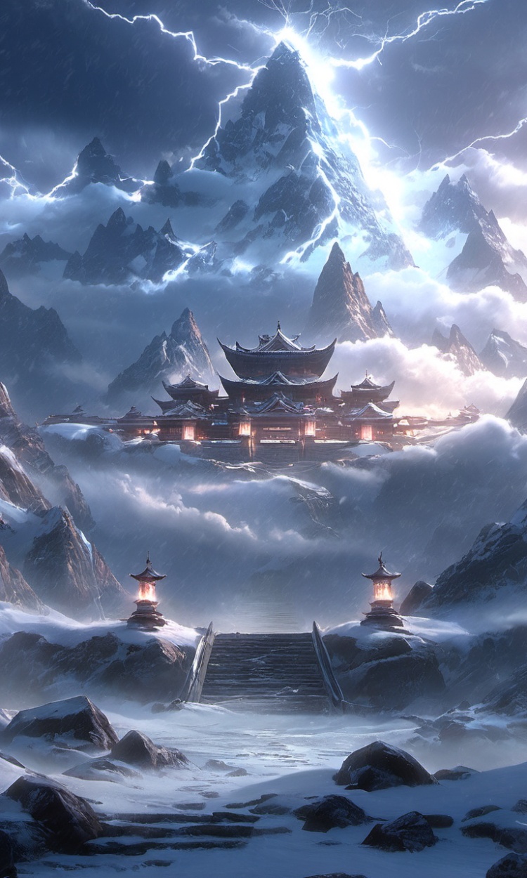 Arien view, view is a beautiful scenery of the mountains, sky, cloud, and snow-covered trees. In the fantasy world, lightning shines brightly from the clouds, casting a warm glow over the outdoors. The sound of snowflakes falling adds a winter touch, while the sight of the majestic mountains takes your breath away.