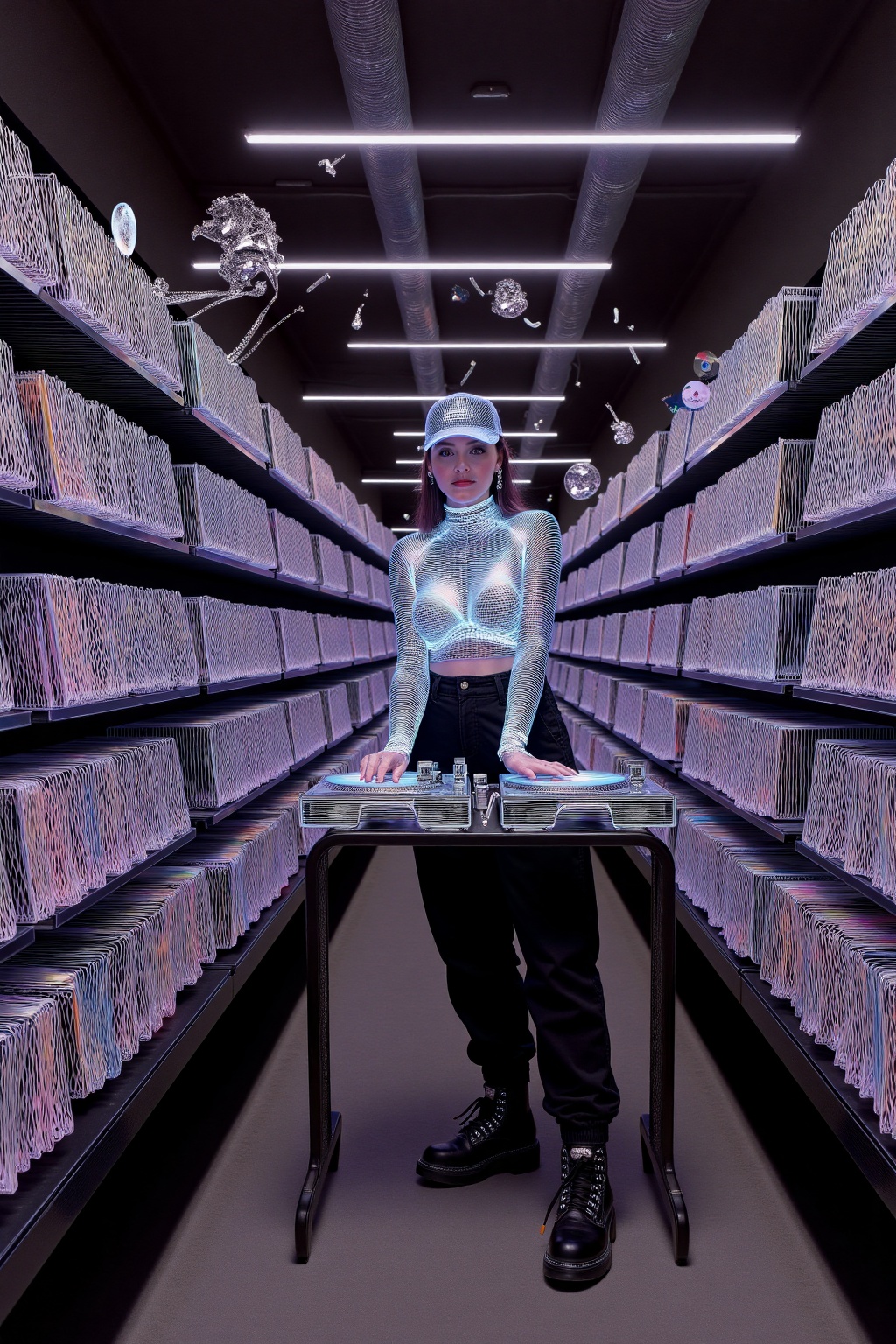 beijihui,Vintage record store scene with girl DJ mixing vinyls,her outfit blending 90s nostalgia and futurism - baggy cargo pants with toolchain accessories,cropped cyberpunk crop top revealing glowing spinal implants. Neon-lit shelves of LPs stretch into infinity behind her,holographic soundwaves pulsing from turntables as cassette tape cobwebs dangle from ceiling pipes. The warm analog grain contrasts with digital UI elements overlaying her view.",