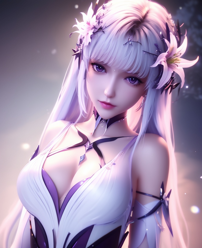 <lora:587-DA-神印王座-圣采儿-觉醒:0.8>(,1girl, ,best quality, ),looking at viewer,  ,ultra detailed 8k cg,ultra detailed background,ultra realistic 8k cg,1girl, solo,(bare shoulders:0.85),(masterpiece, best quality),((oil painting style)),sexy young lady,(beautiful face and eyes),(upper body:1.5),(whole body:1.05),(single person:1.2),surrounded by flowers, (lily), roses, floret, vegetation, white, purple, purplish pink,Impressionism,colorful,(Breast size:1.3),(cleavage),