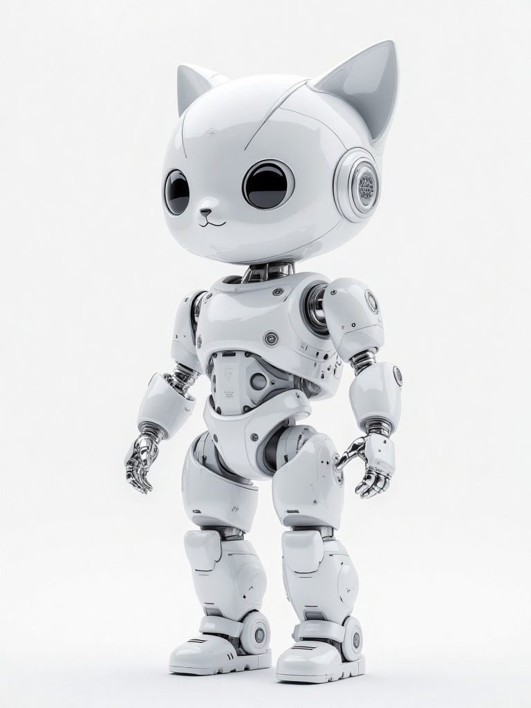 HIRO,A highly detailed CGI rendering of a humanoid robot with a cat-**** head, featuring large, round black eyes and small, triangular ears. The robot is clad in a sleek, white, metallic exoskeleton with intricate mechanical details, including joints and panels. It stands against a plain white background, exuding a futuristic, sci-fi aesthetic. 