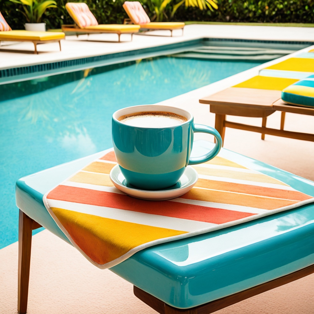 scenemidcepools,  a ceramic coffee mug,  mid-century poolside cabana table on Tensor.Art