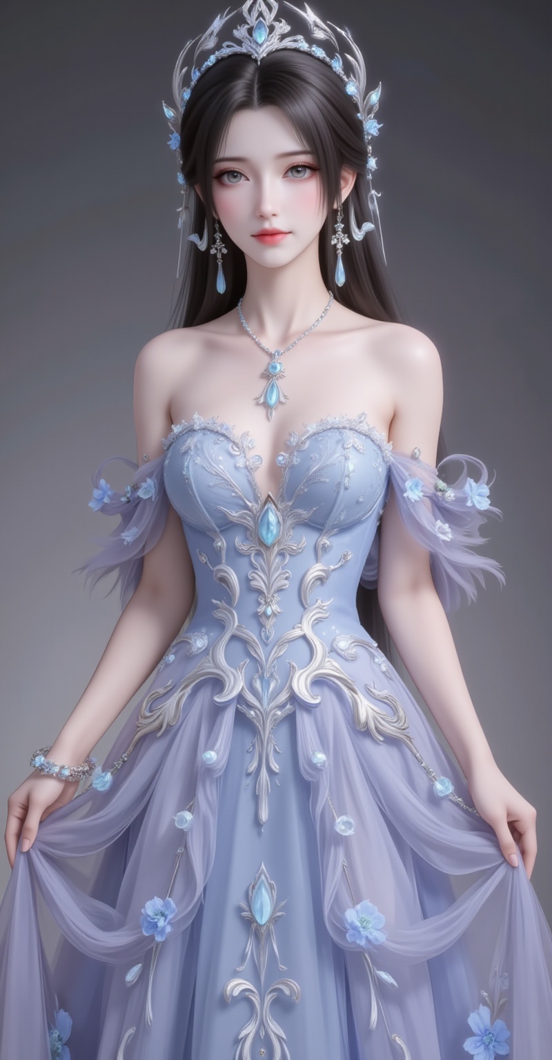 <lora:晚礼服1·人物百搭款6:1>,fuzhuang,1girl,dress,solo,bare shoulders,skirt hold,blue dress,black hair,head out of frame,long hair,breasts,strapless,strapless dress,flower,long dress,cover,gradient background,close-up details,outstanding style,adding a touch of dimension to your images without compromising details,close-up,<lora:DJ滤镜_2.5D版:0.3>,lvjing,<lora:油画唯美滤镜15:0.2>,baoshi,<lora:清漪·衣服百搭款·6:1.1>,qingyi,black hair,long hair,jewelry,earrings,hair_ornament,grey eyes,crown,