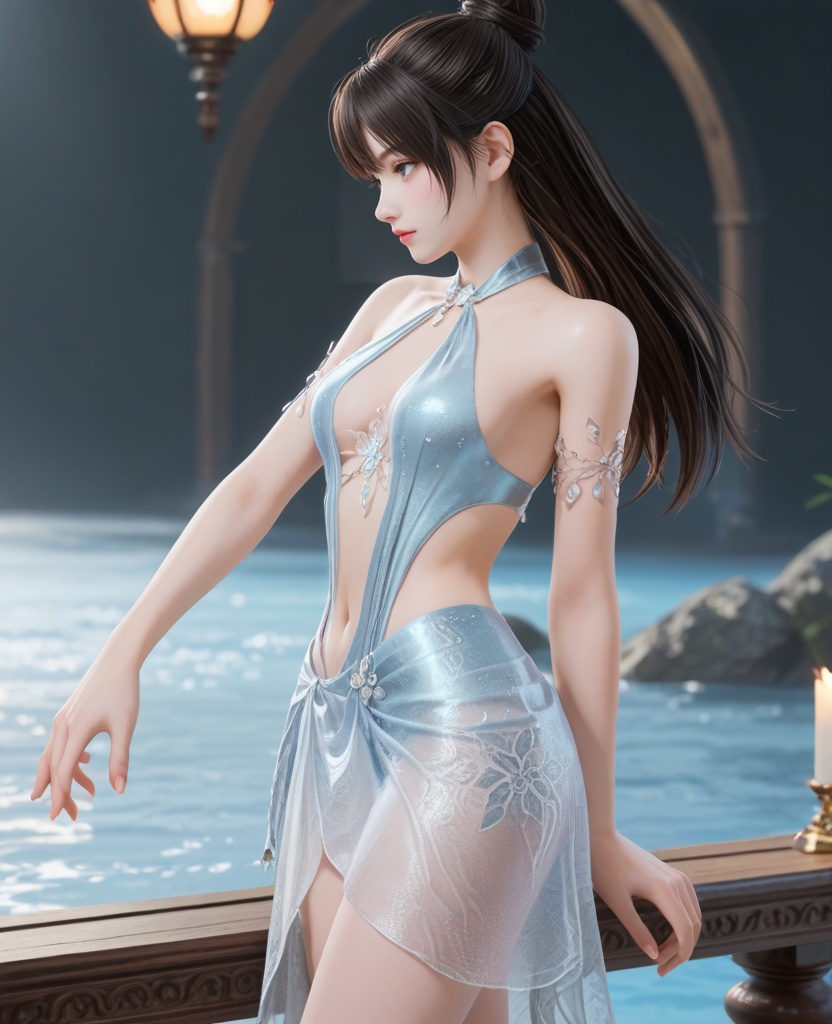 (oriental architecture, elegant decor, sophisticated style:1.1),(Bending down to tie shoelaces, with a puppy or pet eagerly watching and playing,:1.1),(breasts:1.2),<lora:XL16永劫无间顾清寒仲夏霜华:0.95>,miss guqinghan,glacial bikini set,sheer beach sarong with frost patterns,black hair,half-up crown updo with long cascading hair,navel,armlet,ocean,, score_9,score_8_up,score_7_up,score_6_up,score_5_up,score_4_up,3d rendering,tag1,tag2, Cinematic Lighting,backlighting,