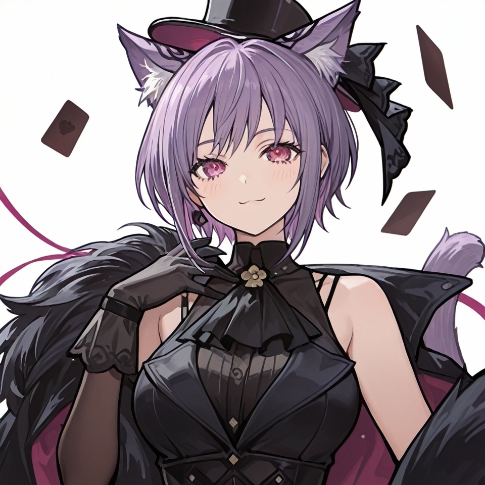 masterpiece, best quality,solo,(white background:1.2),simple background,1girl,looking at viewer,      Yuutenji Nyamu,short hair,purple eyes,red eyes,bangs,purple hair,breasts,skirt,thighhighs,gloves,hat, animal ears, jacket, tail,pantyhose,boots,sleeveless,black gloves,black footwear,high heels,black headwear,thigh boots,garter straps,top hat, card,<lora:舟喵-ill01:0.8>