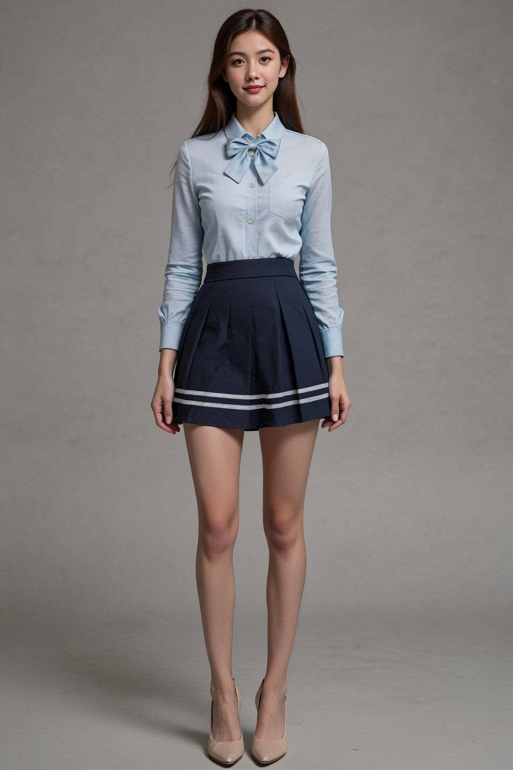 The image features a young woman standing confidently in a stylish outfit that combines elements of school attire and mode...