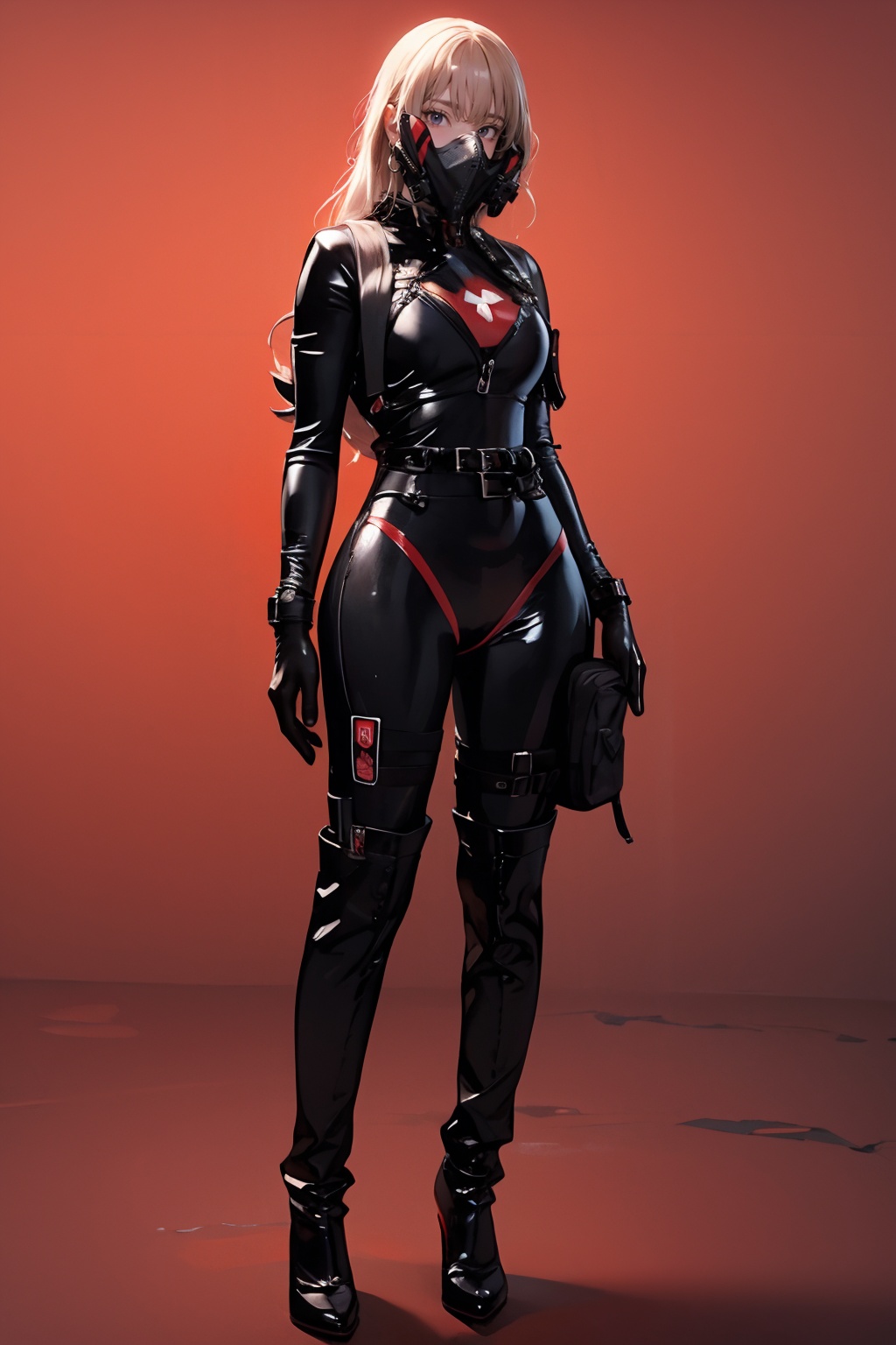 <lora:GoodHands-手beta2:1>,solo,1girl,cityscape,standing,outdoors,red background,<lora:0406 Resident Evil Gelcoat_v1:0.9>,ruanyi0406,black bodysuit,respirator,full body,blonde hair,very long hair,, best quality,masterpiece,highres,official art,extremely detailed cg unity 8k wallpaper