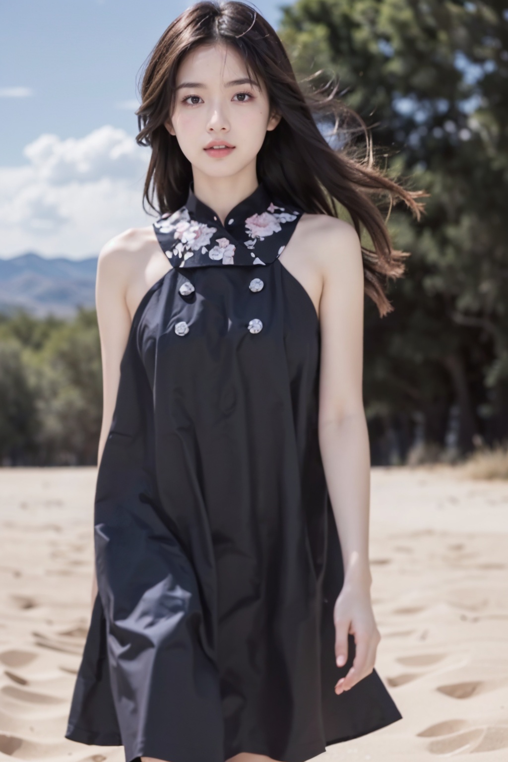 realistic,photo,masterpiece,highest quality,exquisite details,amazing art,realistic details,pretty face,real skin,8K,RAW,movie lighting,soft light,shallow depth of field,bokeh,dreamy,1girl,huge breasts,long hair,black hair,standing,(solo,desert,sun,blue sky and white clouds,noon),<lora:add_detail:0.5>,<lora:ENNE 黑色无袖连衣裙_v09:1>,sleeveless dress,black dress,minidress,floral print,bare shoulders,