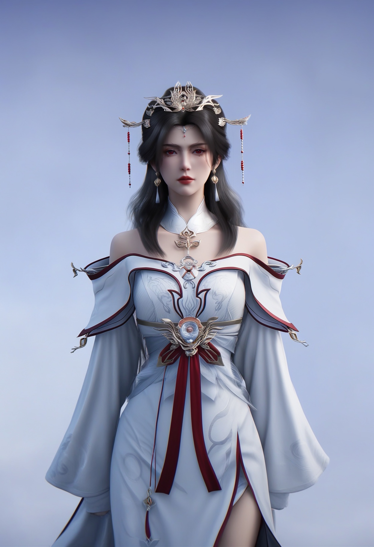 (score_9),(mature_female),collarbone,<lora:姚惜雪-Apony-000009:0.85>,long hair,black hair,hair ornament,hair beads,jewelry,forehead jewel,tassel earrings,light makeup,tiara,red eyes,mole under eye,detached collar,golden necklace,off-shoulder dress,narrow waist,waist_belt,waist_sash,bare legs,pelvic curtain,BREAKsolo focus,looking at viewer,front view,cowboy shot,standing,(arms behind back),(white_skin),BREAKsimple background,white background,