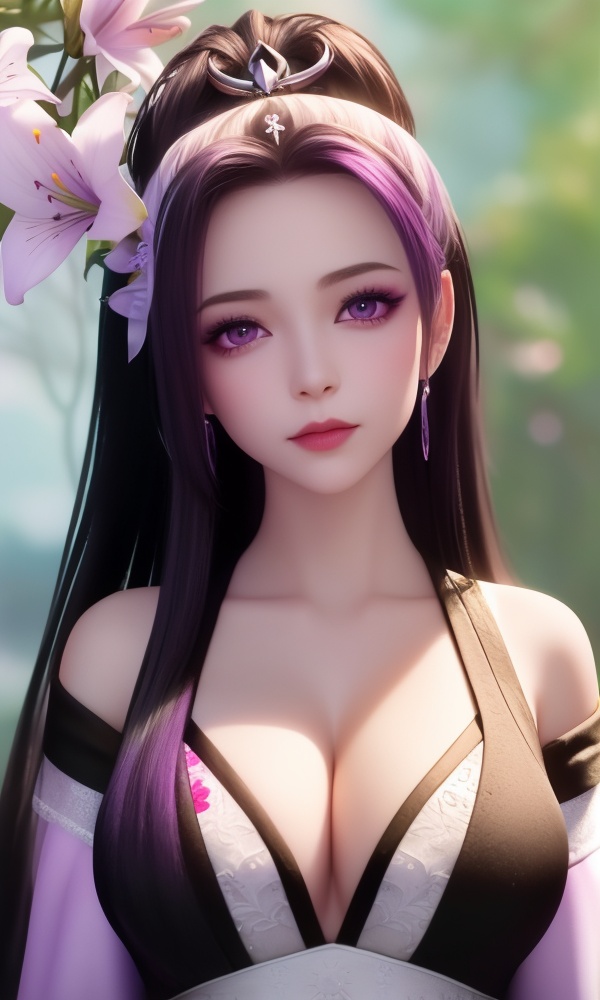 (,1girl, ,best quality, ),looking at viewer, <lora:411-DA-太一剑仙传-季师师:0.8> ,ultra detailed 8k cg,ultra detailed background,ultra realistic 8k cg,1girl, solo,(bare shoulders:0.85),(masterpiece, best quality),((oil painting style)),sexy young lady,(beautiful face and eyes),(upper body:1.5),(whole body:1.05),(single person:1.2),surrounded by flowers, (lily), roses, floret, vegetation, white, purple, purplish pink,Impressionism,colorful,(Breast size:1.3),(cleavage), blurry, depth_of_field, blurry_background, 1girl, blurry_foreground, black_hair, mole, solo, lips, motion_blur, nose, makeup,