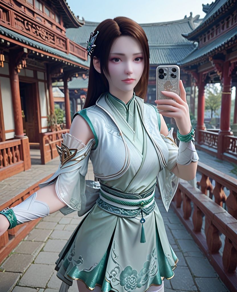 (oriental architecture, elegant decor, sophisticated style:1.1),(selfie,hyper realistic gopro action photo:1.1),looking at viewer,(breasts:1.2),<lora:XL斗破苍穹斗皇纳兰嫣然:0.95>,miss yanran,aloes green dress,vest,sash,aloes green overskirt,green miniskirt,brown eyes,black hair,long hair,hair ornament,wristband,white thighhighs,, score_9,score_8_up,score_7_up,score_6_up,score_5_up,score_4_up,3d rendering,tag1,tag2, Cinematic Lighting,backlighting,, zPDXL3, zPDXL2,zPDXL, zPDXLxxx, zPDXLrl,