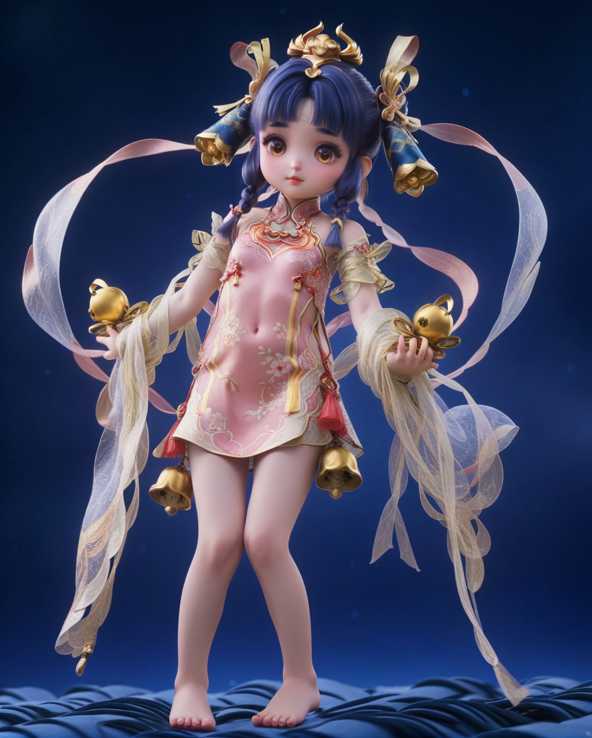air_skin,white_skin,score_9,<lora:SF_CaiWenJiSheNian_Pony_Realism-000004:0.7>,dress,hair ornament,bangs,blue hair,braid,shawl,necklace,chinese clothes,1girl,minigirl,breasts,medium breasts,hagoromo,bell,solo,barefoot,looking at viewer,simple background,full body,ribbon,