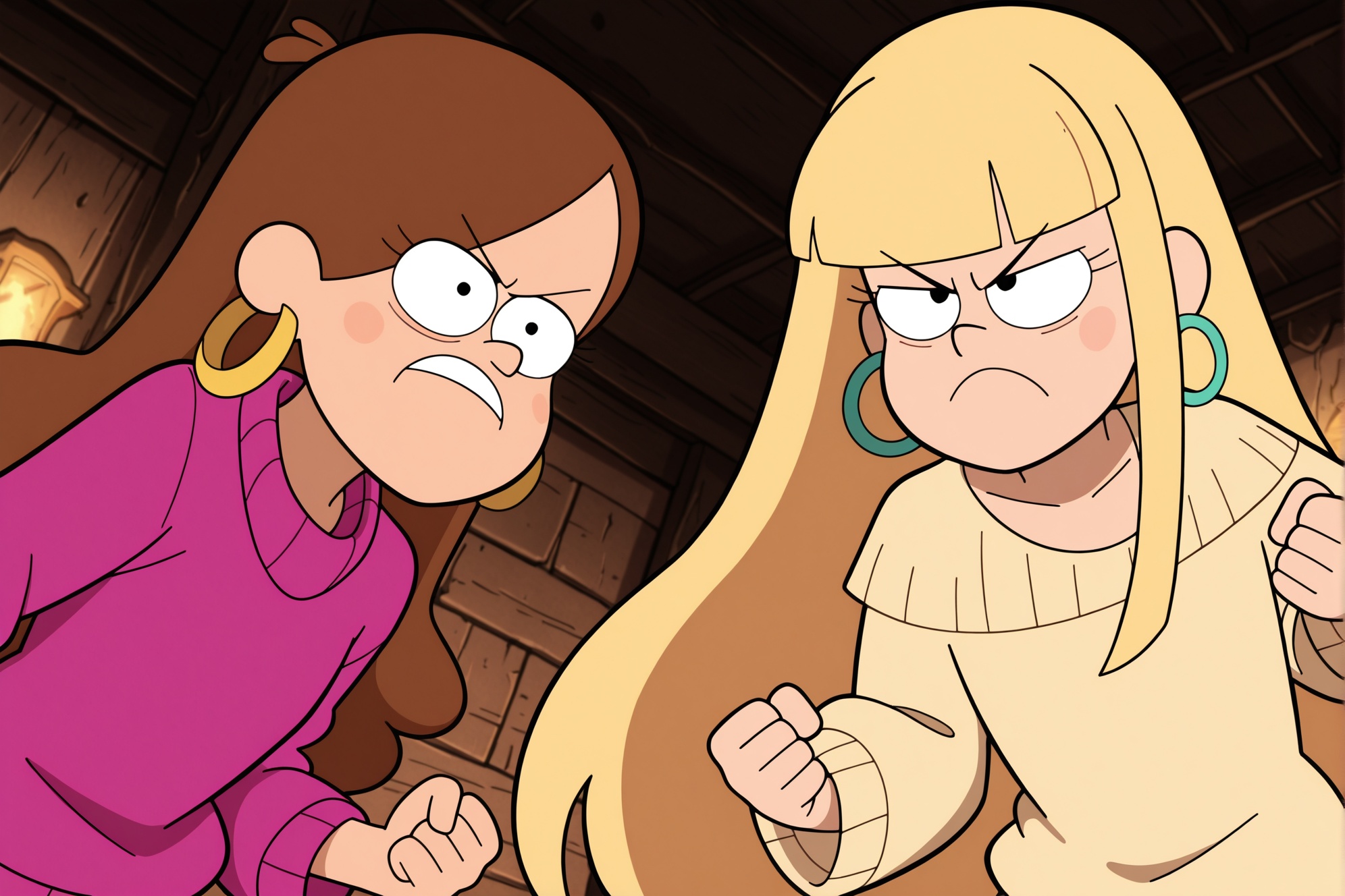 gravfallsty, 2girls, mabel pines, sweater, brown hair, (pacifica northwest:1.2), hoop earrings, blonde hair, ,fighting stance, dutch angle, angrymasterpiece, best quality, absurdres, highres<lora:GravityFalls_ILXL:1.5>