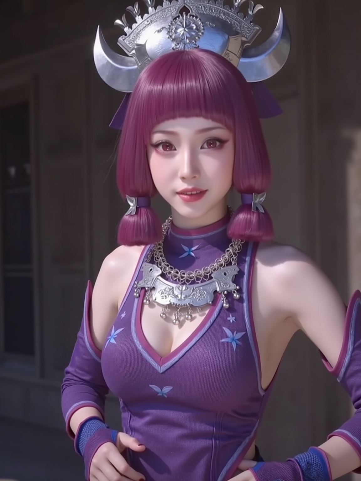 mmgchimeng,Very realistic style,HD photography style,red eyes,purple hair,purple costume,cleavage,breast,