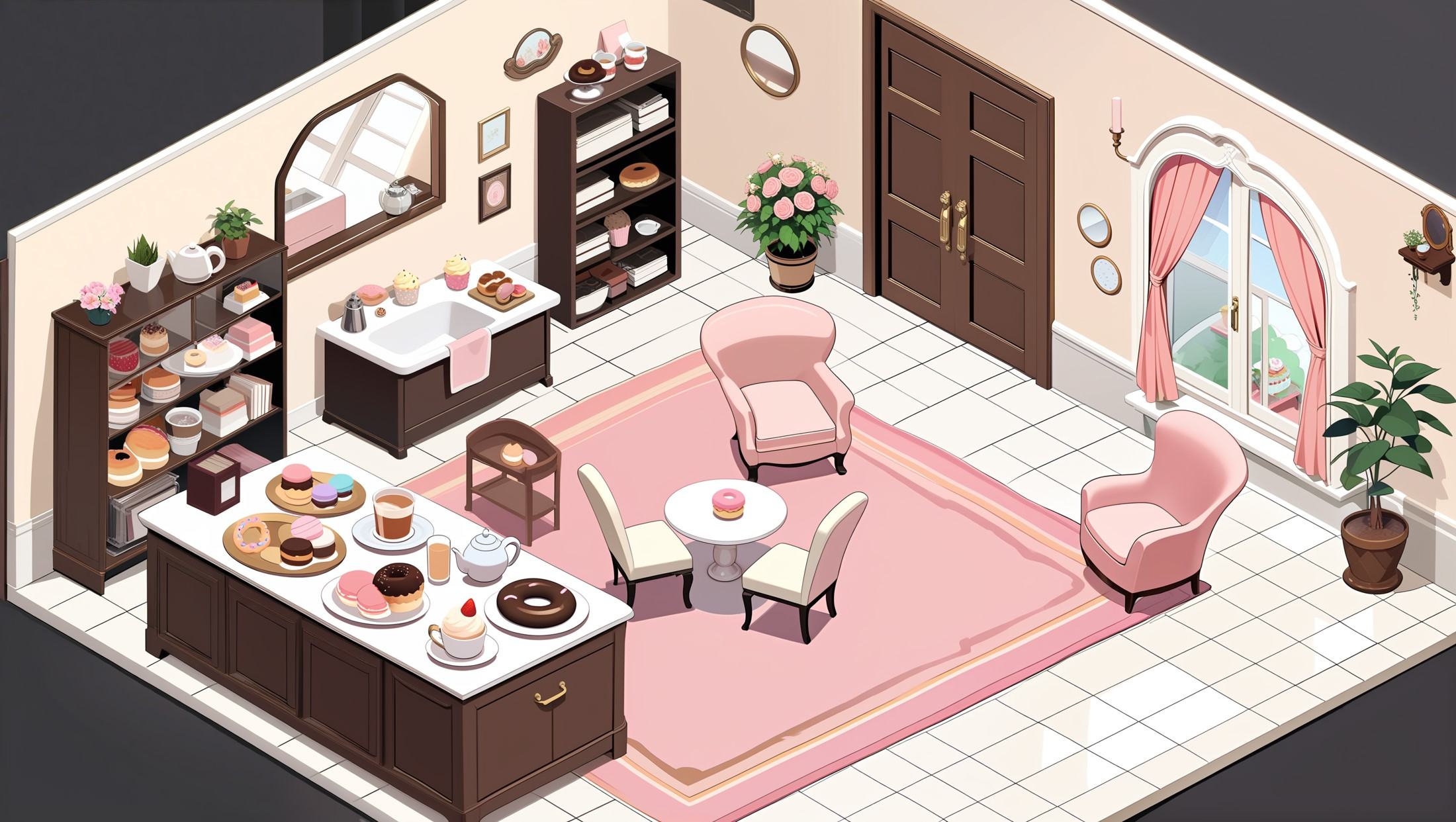masterpiece,best quality,<lora:gamebg:0.5>,room-style,no humans,food,doughnut,indoors,cup,plant,shelf,plate,stuffed toy,cake,scenery,table,macaron,window,stuffed animal,candy,teacup,cupcake,cookie,book,door,teapot,flower,potted plant,mirror,chair,tiles,cake slice,sink,rug,food focus,box,ice cream,bathtub,