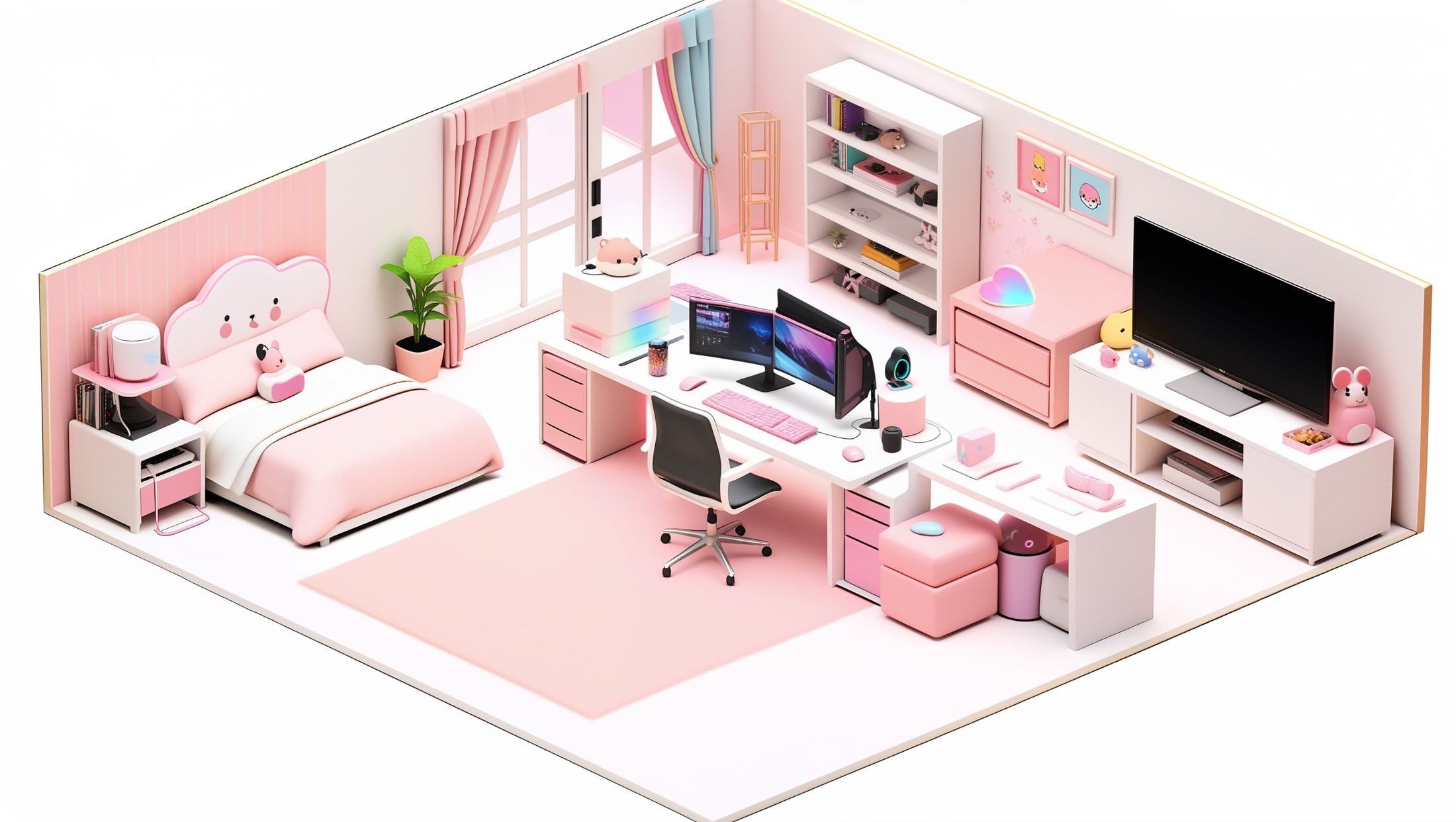 masterpiece,best quality,<lora:gamebg:0.5>,3d,white background,no humans,room-style,soft pink carpet,light blue walls,cute wallpaper patterns,large floor-to-ceiling windows,light white lace curtains,cute plants,large gaming desk,comfortable pink gaming chair,high-end streaming equipment,high-definition camera,professional microphone,triple monitor setup,RGB keyboard,RGB mouse,cute ornaments,stationery,RGB LED strip lights,display cabinet,figurines,plush toys,bookshelf,gaming guidebooks,decorations,cozy small sofa,decorative paintings,VTuber posters,mini snack bar,snacks,drinks,
