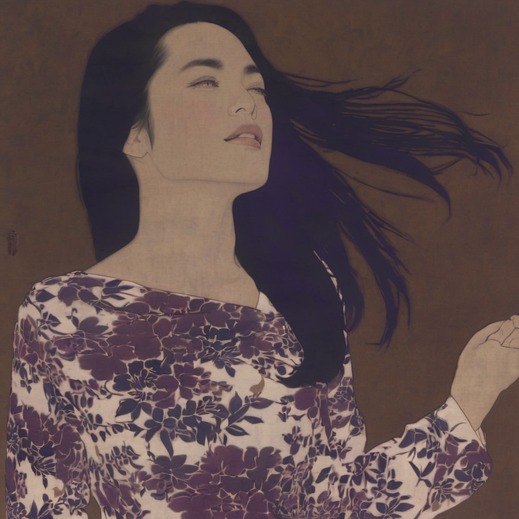 <lora:ukiyo-e_xl_v2:1>,1girl,solo,long_hair,shirt,black_hair,long_sleeves,collarbone,parted_lips,floral_print,upper_body,lips,print_shirt,blinds,a portrait of a woman,She has long and flowing black hair that cascades down her back,Her face is turned slightly to the side,revealing a profile view,She is wearing a blouse with a floral pattern in shades of purple and white,The background is a muted brown and which contrasts with the vibrant colors of her attire,The artwork appears to be a traditional Japanese woodblock print and given the style and the presence of a red seal or stamp in the top right corner,woman,long,flowing,black,hair,profile view,blouse,floral pattern,shades of purple and white,muted brown,vibrant colors,traditional Japanese woodblock print,