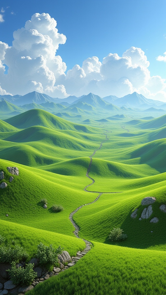 painting of a view of a green field with a pathway through it,fantasy matte painting,cute,magic realism matte painting,surrealist landscape painting,( matte painting, 3 d virtual landscape painting, surrealism background, rob gonsalves and tim white, a detailed matte painting, matte painting scenery, jim warren and rob gonsalves, fantasy landscape painting, dreamy matte painting, a beuatiful matte painting, ferdinand knab background, happy colors. rob gonsalves, detailed matte fantasy painting, high quality matte painting, fantasy background, heaven background, matte fantasy painting, surreal background, epic surrealism 8k oil painting, exquisite matte painting, surreal matte painting, surreal dream landscape, matte painting ", matte painting", highly detailed matte painting, matte painting of human mind, a matte painting, very beautiful matte painting, in matte painting,