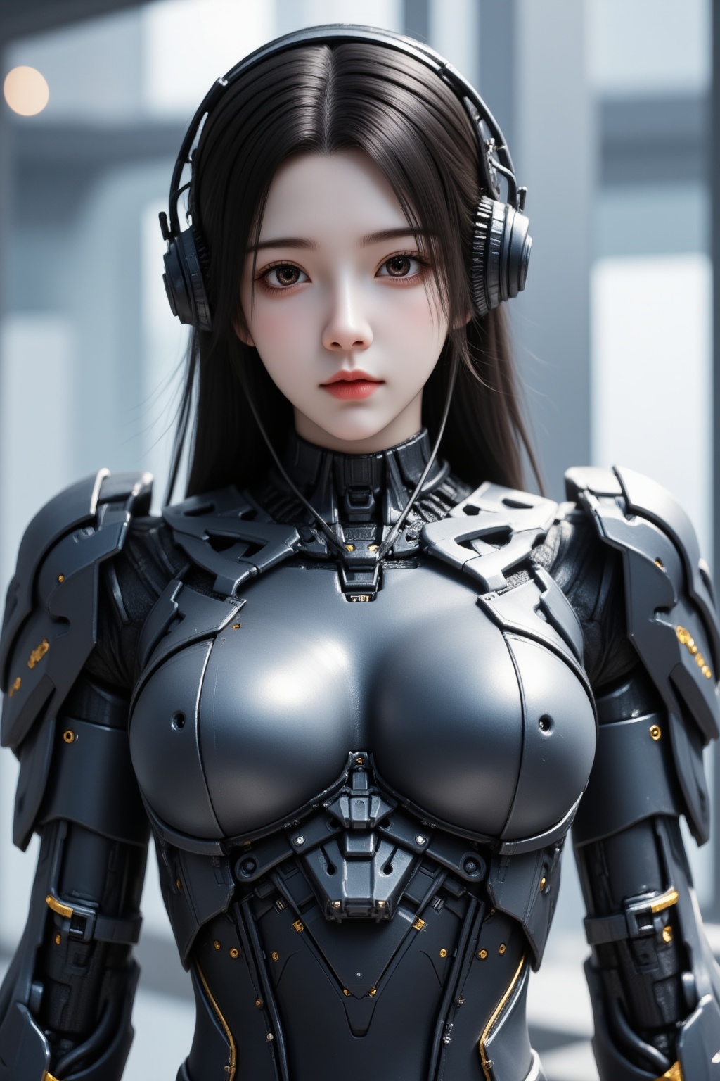 1girl, solo, brown eyes, black hair, looking at viewer, hanfu, science fiction, long hair, cyberpunk, cable, robot joints, joints, straight-on, android, armor, lips, mechanical parts, blurry, upper body, blurry background, power armor, cyborg, headphones, realistic, robot, breasts, headgear, closed mouth, red lips, arms at sides