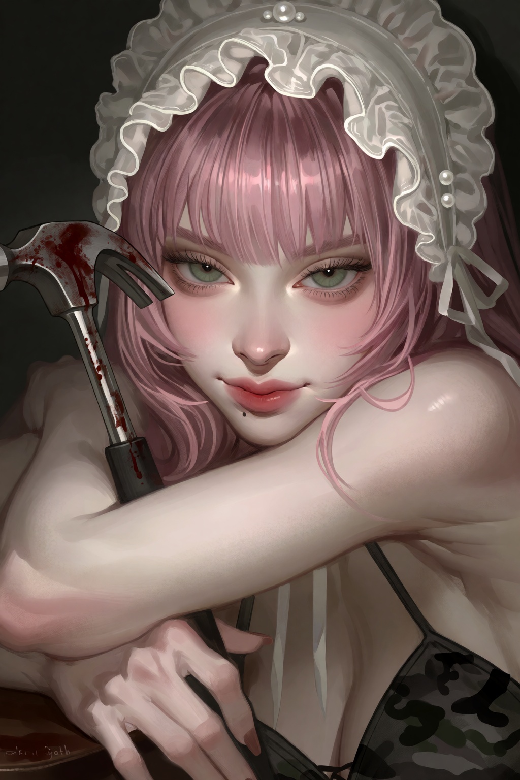 An eye-level close-up shot with a muted,  cool pastel tone depicting a cute woman with a medium length pink hair,  straigh...