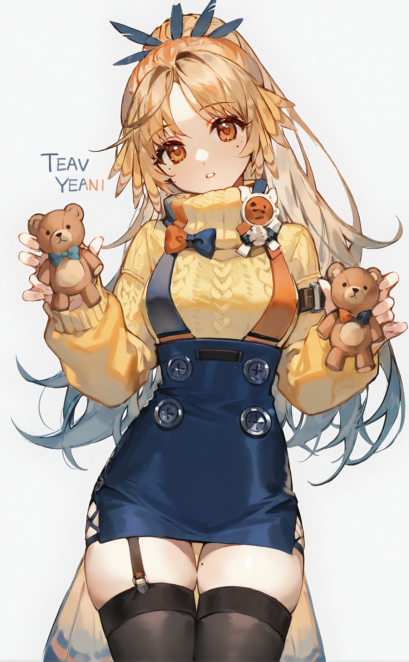 1girl, mole under eye, feather hair, mole, thighhighs, solo, stuffed toy, stuffed animal, garter straps, sweater, long hair, teddy bear, skirt, blue skirt, parted lips, suspenders, black thighhighs, suspender skirt, looking at viewer, simple background, buttons, thigh gap, turtleneck, cowboy shot, cable knit, ponytail, turtleneck sweater, long sleeves, aran sweater, grey background, yellow sweater, signature, blonde hair, orange eyes, zettai ryouiki, hair ornament, two-tone bow, holding, bow, feathers, orange hair, thighs, breasts, character name, feather hair ornament, skindentation, head tilt, medium breasts, high-waist skirt, miniskirt, holding stuffed toy, pencil skirt, blue bow <lora:ciloranko-000040:1>